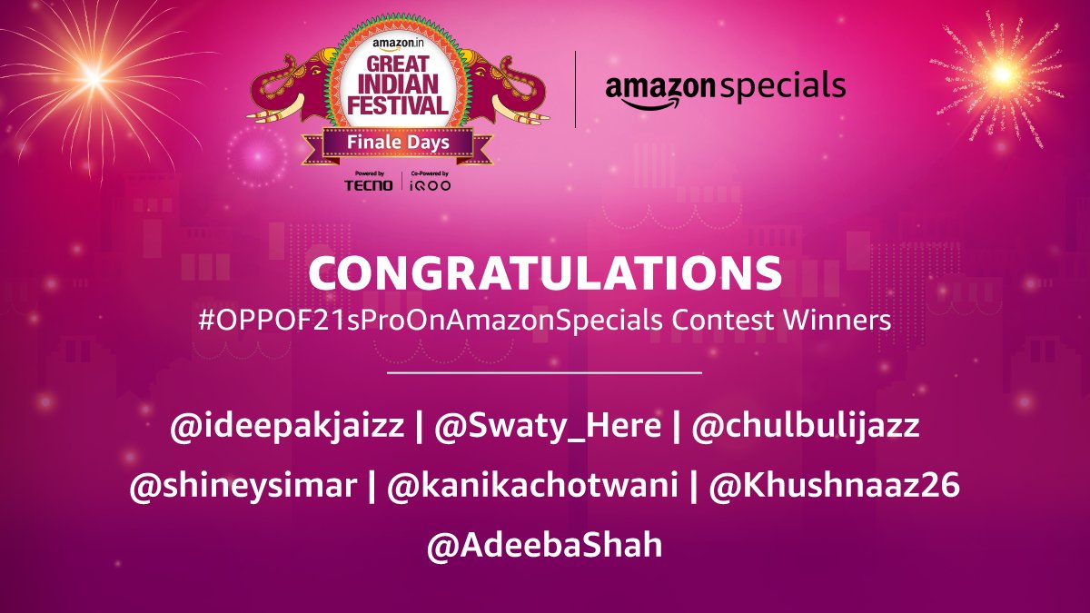 Congratulations to the winner of #OPPOF21sProOnAmazonSpecials contest. Kindly DM us with your details to claim the prize. @ideepakjaizz @Swaty_Here @chulbulijazz @shineysimar @kanikachotwani @Khushnaaz26 @AdeebaShah