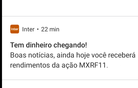 netosnobres's tweet photo. Começar a semana com uma notificação dessas é sinal de que a semana será próspera. Bom dia e uma ótima semana!
#BomDia #BoaSemana #Proventos #Dividendos #Rendimentos #FII #FundoImobiliario #MXRF11 #InterBr #InterInvest #Inset #BancoInter https://t.co/1Bdm3B0XbV