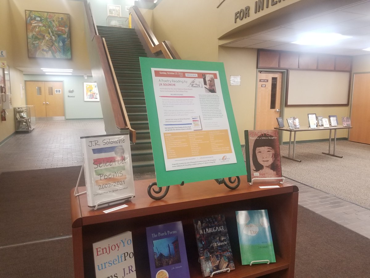 SUNY_OrangeLIB's tweet photo. A Poetry Reading by J.R. Solonche. 
This Sunday, October 23 at 2pm in Orange Hall! 
All are invited! 
(Photo and Display Credit: Library Staff) #SOLibraries #SOreadthis #SOfun #academiclibraries https://t.co/kNZ3pj5ELt