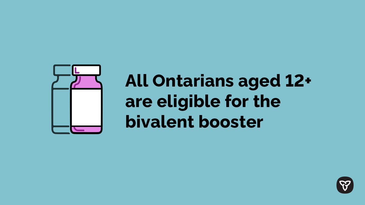 ONThealth's tweet photo. All individuals aged 12+ can now get a bivalent #COVID19 booster dose if they have completed their primary vaccine series.
As we enter fall, booster doses are recommended to everyone aged 5+ to help restore protection that may have decreased since your last dose. https://t.co/0ETSbeprqb