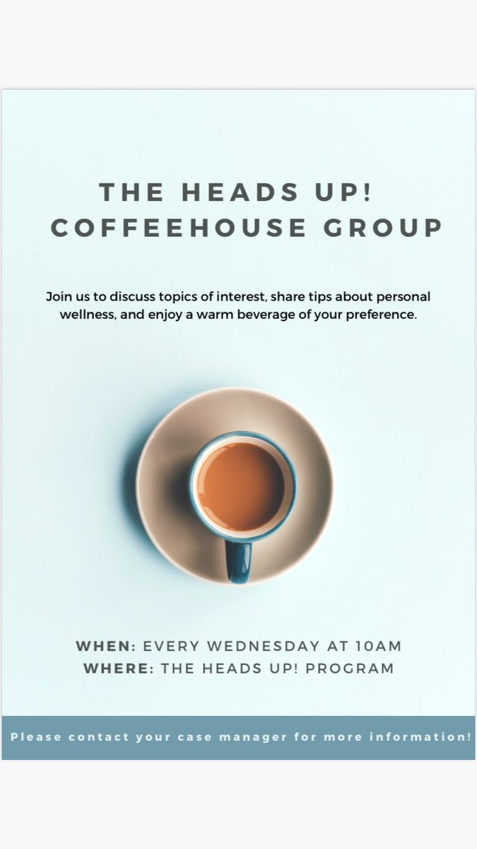 HeadsUpSEO's tweet photo. New group alert 🚨! 

We are happy to announce the Heads Up! Coffeehouse Group. When? Every Wednesday at 10am. Where? At the Heads Up! Program. Interested? Let your case manager know and you’ll get more deets! ☕️🙌 https://t.co/3ZfmHlCgb5