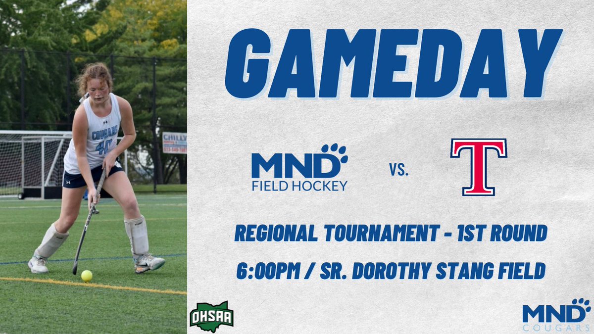 MNDAthletics's tweet image. Field Hockey has their first round playoff game tonight against Talawanda! 🏑 

📍 Sr. Dorothy Stang Field
⏰ 6:00pm
🎟 Must be purchased online at ohsaa.org/tickets
#MNDCougars