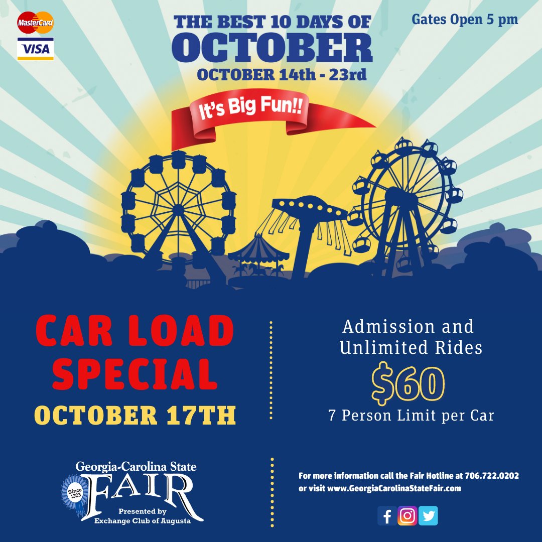 GaSc_StateFair's tweet photo. TONIGHT is Car Load Special! Get your friends and family together and join us Gates open at 5 pm🤗
#GeorgiaCarolinaStateFair #itsbigfun #thebest10daysofoctober
#fairfood #fairrides #GCSF #GCSF2022 #exchangeclubofaugusta https://t.co/K49VBIEgpt