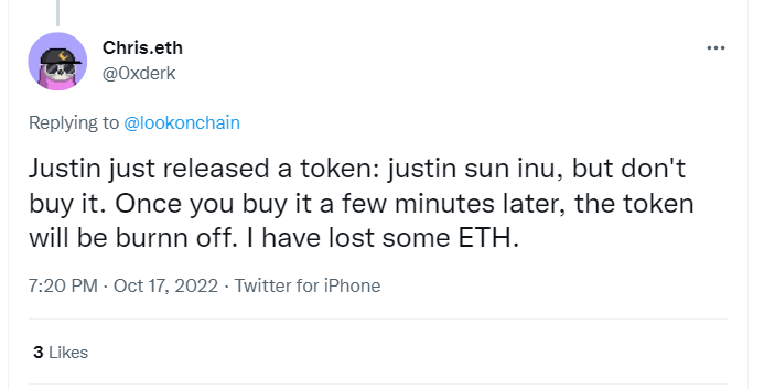 lookonchain's tweet photo. My follower said he lost some $ETH on the token "Justin Sun Inu".

I guess he must have seen Juntin Sun's address "purchased" the token "Justin Sun Inu".

But please note that Justin Sun did not buy it, this is a scam.

1.🧵
A thread helps you to identify such scams. https://t.co/5vRtGFKcSx