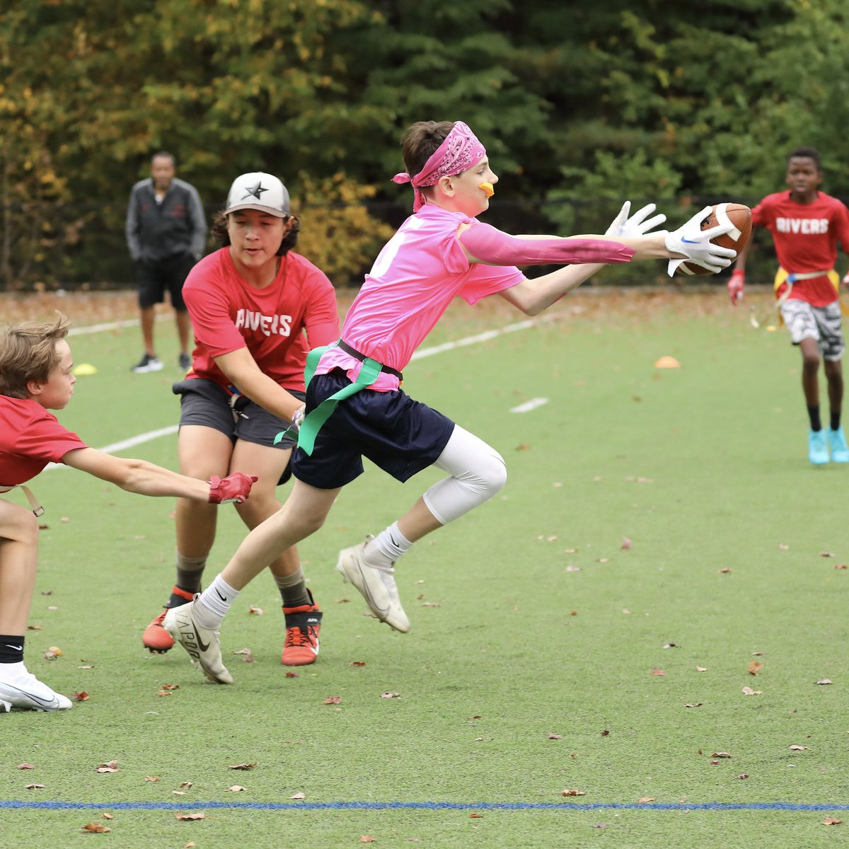 FennSchool's tweet photo. Fenn’s Flag Football Team donned our pink jerseys on Friday in support of #BreastCancerAwarenessMonth! They battled fiercely as a team against @TheRiversSchool! More pink games to come this week! 🏈 https://t.co/8LX8oLHpBE
