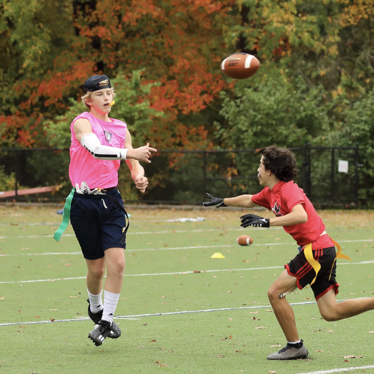 FennSchool's tweet photo. Fenn’s Flag Football Team donned our pink jerseys on Friday in support of #BreastCancerAwarenessMonth! They battled fiercely as a team against @TheRiversSchool! More pink games to come this week! 🏈 https://t.co/8LX8oLHpBE