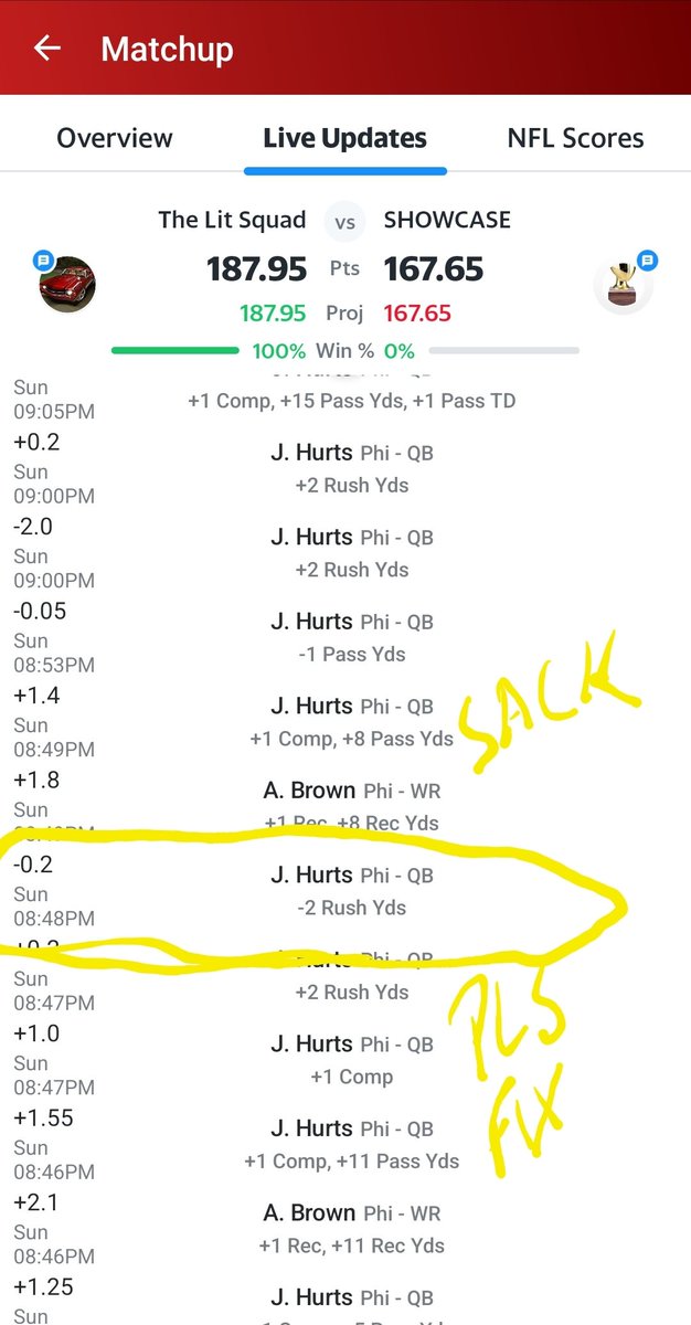 YaManSupaDan's tweet photo. @YahooFantasy A QB tackled for a loss is a sack... Not just a 2 yd loss... https://t.co/4L7Y5l7NQB