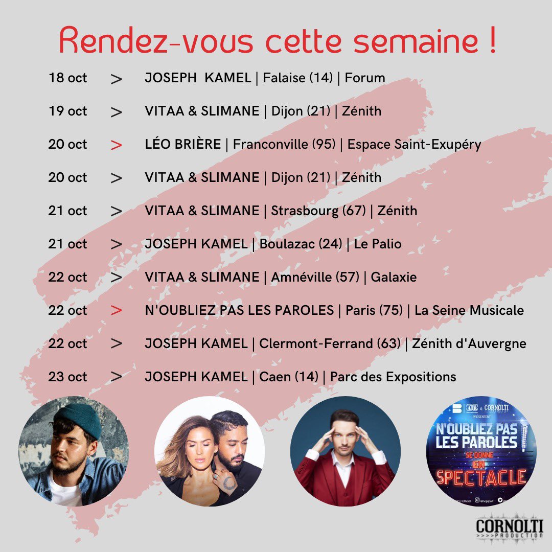 Quelques rdv à ne pas manquer cette semaine 😀
<a href="/VITAA/">V I T A A</a> &amp; <a href="/Slimaneoff/">Slimane</a> 
<a href="/NOPLPoff/">NOPLP Officiel</a> 
@josephkameloff 
<a href="/LeoBriere/">Léo Brière</a>