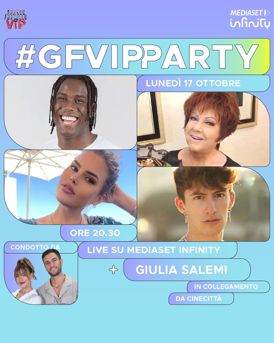 GrandeFratello's tweet photo. Il lunedì sera perfetto inizia con #GFVIPPARTY! 🥳 
Tra gli ospiti di oggi: Enock Barwuah, Orietta Berti, Carlotta Dell’Isola, Alex Tonti, l’ideatrice del Fanta GF Vip Party e... Giulia in diretta da Cinecittà!

Soleil e Pierpaolo vi aspettano live su @MedInfinityIT dalle 20:30! https://t.co/KDXDb1L1EX