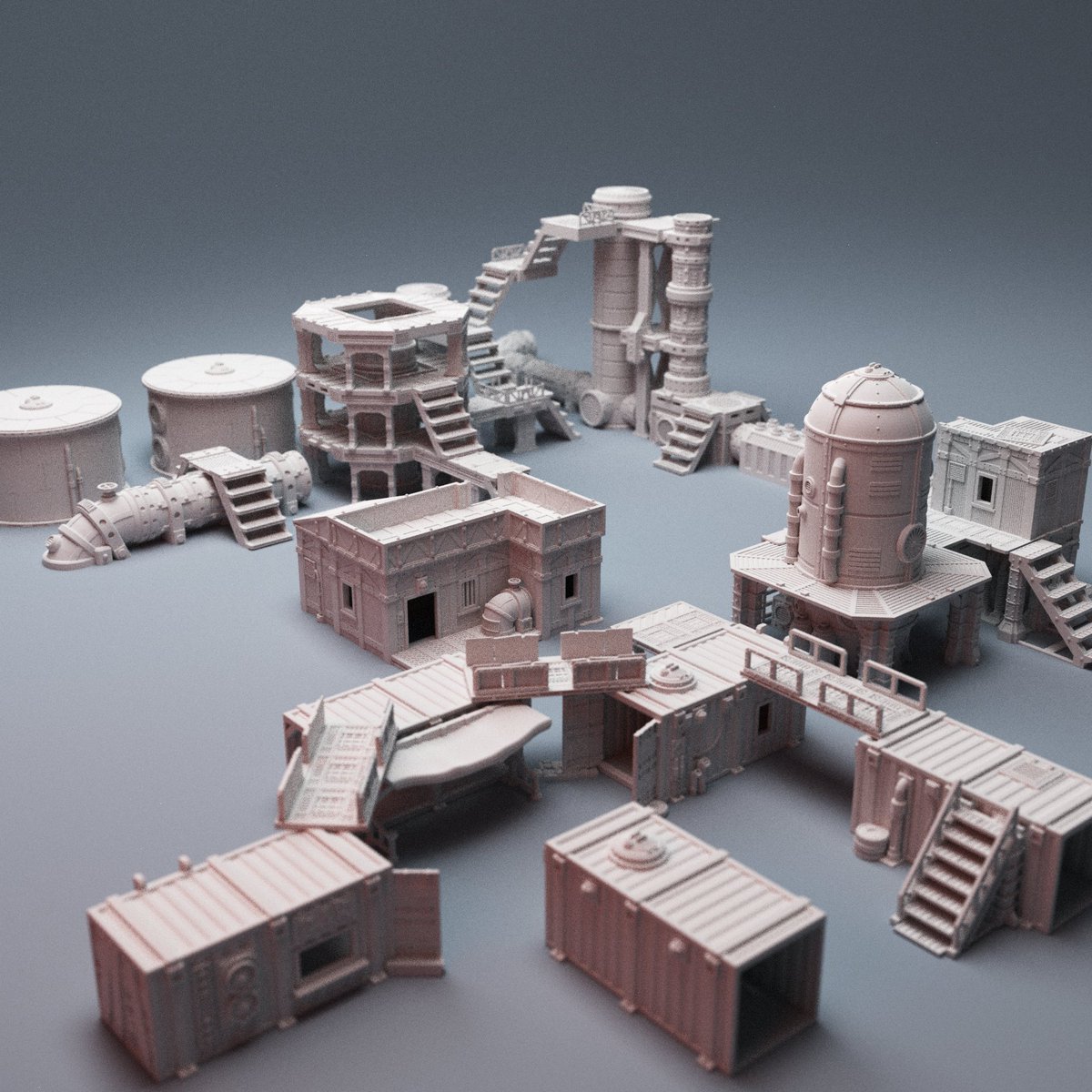 All the models in the UnderNidus range so far. Pretty handy for an industrial #scifi skirmish. #3Dprinting #wargaming #necromunda #terrain #warhammer40k #killteam #stargrave #starwarslegion #tabletopgaming #miniatures