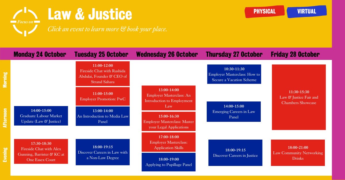 Bookings are now open for our Focus on Law & Justice Week from the 24th-28th of October! Click here to sign up: kcl.ac.uk/careers/assets… @kcldo1thing