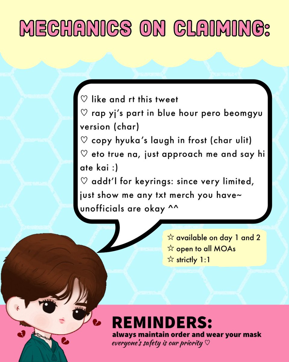 _withhyunjae's tweet image. 𖧵 TXT ACT: LOVESICK IN MANILA GIVEAWAY ✛

i’ll be giving away freebies on con days~!

♡ follow mechanics in the post
♡ day 1 and 2
♡ time &amp;amp; loc: tba

will post more pics in the thread :)

see you, moas! ♡

#TOMORROW_X_TOGETHER_Manila #ACTLOVESICKinMANILA
#TXTinManila TXT GA