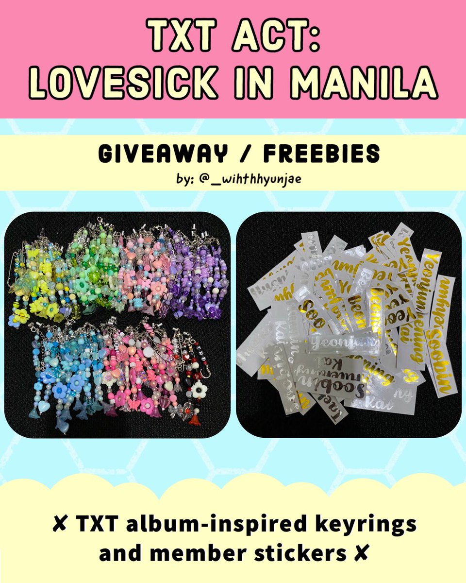 _withhyunjae's tweet image. 𖧵 TXT ACT: LOVESICK IN MANILA GIVEAWAY ✛

i’ll be giving away freebies on con days~!

♡ follow mechanics in the post
♡ day 1 and 2
♡ time &amp;amp; loc: tba

will post more pics in the thread :)

see you, moas! ♡

#TOMORROW_X_TOGETHER_Manila #ACTLOVESICKinMANILA
#TXTinManila TXT GA