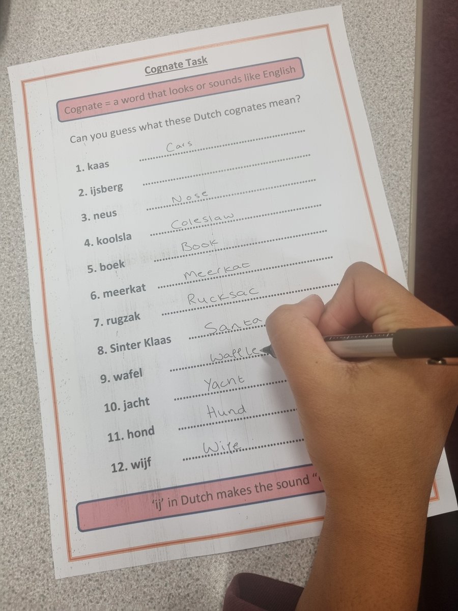 In Y8 Dutch Club today we looked at cognates and borrowed words, like meerkat and ijsberg (iceberg). We learnt to introduce ourselves, responding to "Wat is je naam?" and to ask how others are, "Hoe gaat het?" We had great fun saying "Hoi!" (Hello) and "Dooi!" (Bye!) #Nederlands