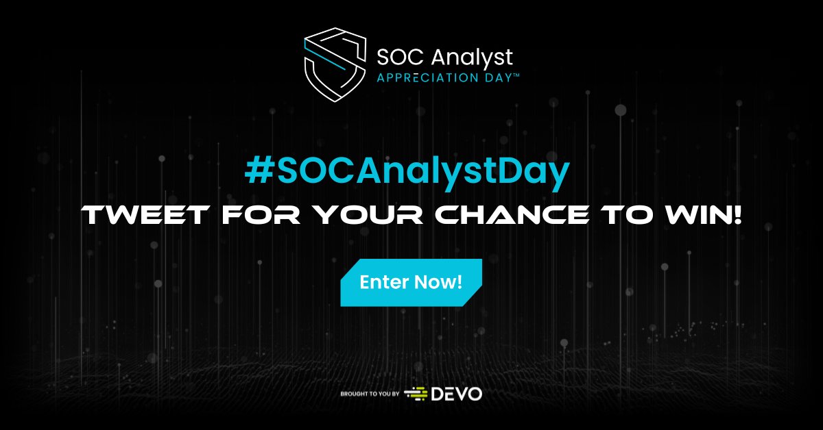 Devo (@devo_inc) on Twitter photo This week, we're giving away 5⃣ licenses to Immersive Labs & a subscription to CyberWire Pro.
1⃣ Follow us, <a href="/thecyberwire/">CyberWire Daily, by N2K</a> & <a href="/defy_security/">@defysecurity</a>
2⃣ Tweet us using #SOCAnalystDay to tell us how you advance your #SOC knowledge.
Enter by Oct. 21. Ts&Cs. 👉 bit.ly/3INfFh2 This week, we're giving away 5⃣ licenses to Immersive Labs & a subscription to CyberWire Pro.
1⃣ Follow us, <a href="/thecyberwire/">CyberWire Daily, by N2K</a> & <a href="/defy_security/">@defysecurity</a>
2⃣ Tweet us using #SOCAnalystDay to tell us how you advance your #SOC knowledge.
Enter by Oct. 21. Ts&Cs. 👉 bit.ly/3INfFh2