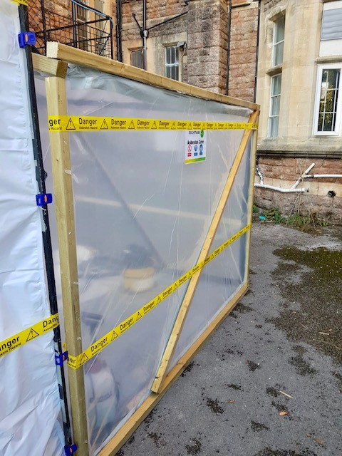 Rightwayenviro's tweet photo. We made the journey to #Somerset to remove #amosite and #stalls chrysotile #asbestos #insulation board lining from the doors of a care home. 
We #constructed the enclosure with fully controlled #conditions, under negative pressure and the use of a decontamination unit.# https://t.co/GDjNv81Iu7