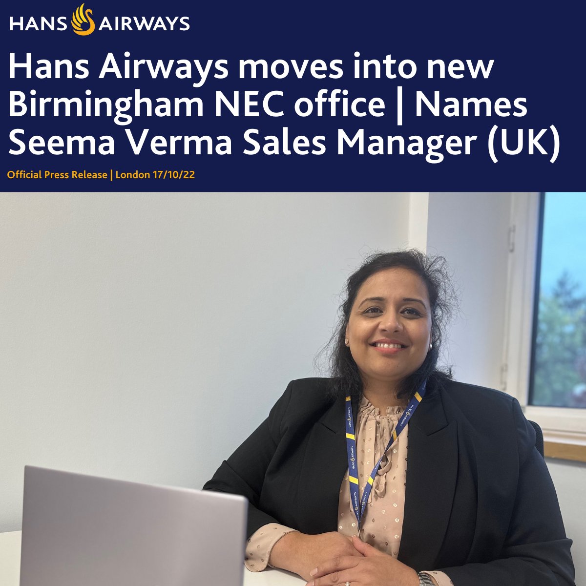 HansAirways's tweet photo. Hans Airways is delighted to announce Seema Verma as the airlines new "Sales Manager - UK" and moves into new office based in Birmingham.

Full press release here: https://t.co/6P2N6495dS https://t.co/vsUqZrOH8J