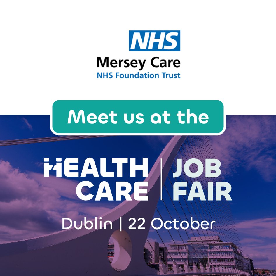 Have you booked your ticket for the #HealthcareJobFair in #Dublin?

We'll be there so you can ask any questions you may have about <a href="/Mersey_Care/">Mersey Care NHS FT 🏳️‍🌈</a> &amp; find out what's available to you, including our relocation package!

bit.ly/3Vud55M
<a href="/DCU/">Dublin City University</a> @ucddubIin <a href="/tcddublin/">Trinity College Dublin</a> <a href="/MaynoothUni/">Maynooth University</a>