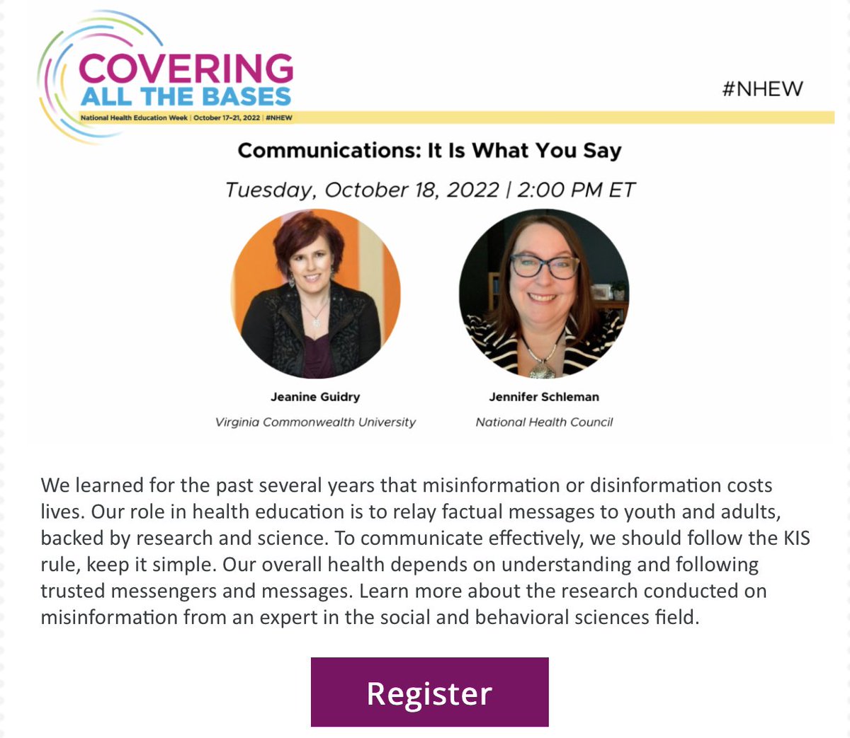 Happy National Health Education Week! Don't forget to tune into the first webinar today at 2pm focused on Health Equity. Tomorrow's webinar (Tuesday) will cover Health Communications. Register here: ow.ly/2mWO50L9KOk