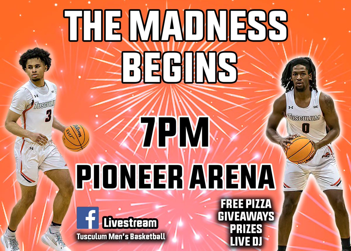 TusculumMBB's tweet photo. The Madness Begins for our Men’s and Women’s Basketball programs tonight! Don’t miss out, will be a blast for all fans/students!! 🟠⚫️ https://t.co/L3wc959PTP