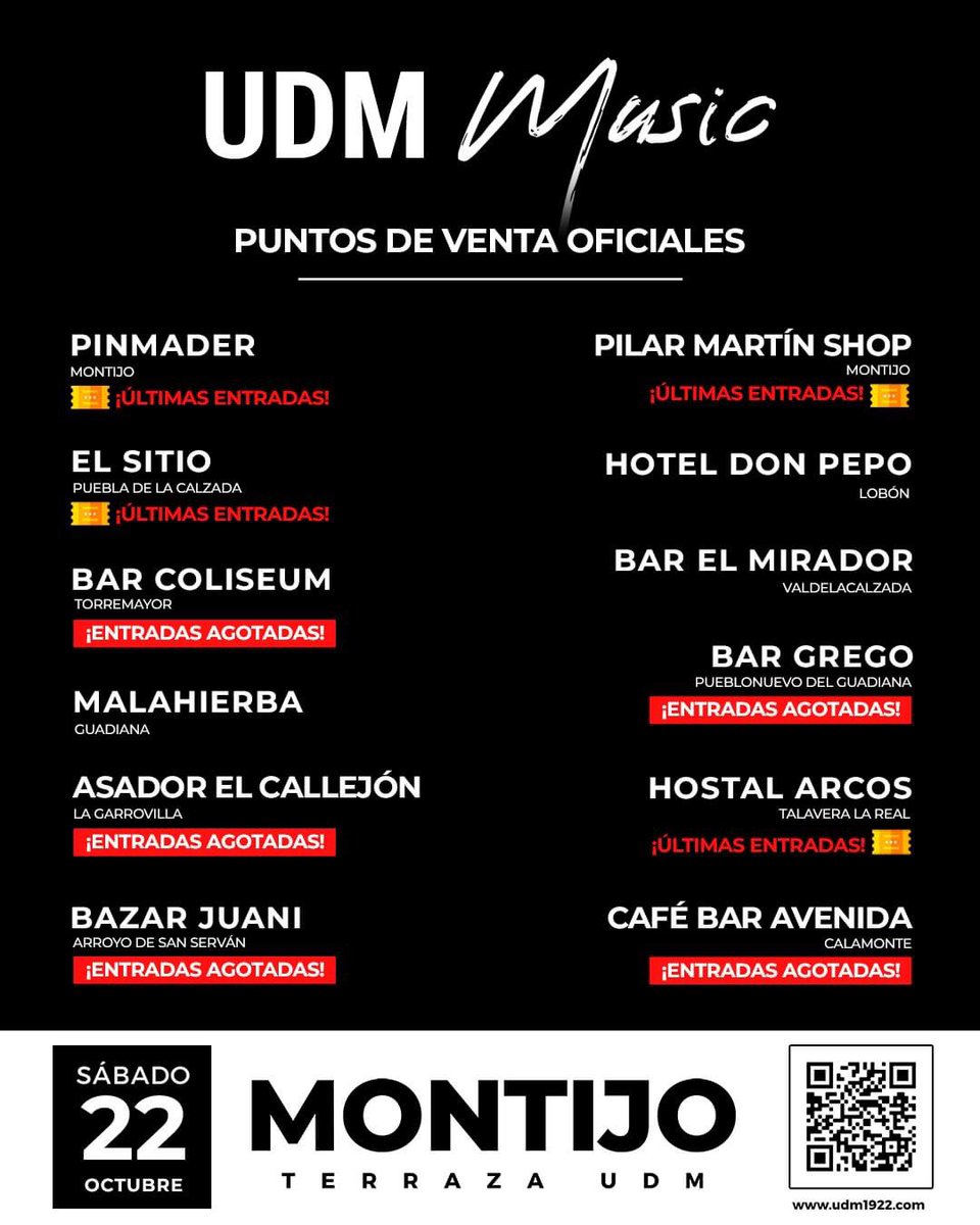 udmmusicfest's tweet photo. 🎵 [#𝗨𝗗𝗠𝗠𝘂𝘀𝗶𝗰] 🎵
🗓️ Sábado, 22 de Oct.
📍 Montijo 

ℹ️ Os dejamos una imagen con información sobre las entradas en los 𝗽𝘂𝗻𝘁𝗼𝘀 𝗱𝗲 𝘃𝗲𝗻𝘁𝗮 𝗳𝗶́𝘀𝗶𝗰𝗼𝘀  ⤵️:

🎟 ¡𝗘𝗡𝗧𝗥𝗔𝗗𝗔𝗦 𝗢𝗡𝗟𝗜𝗡𝗘! 
👉🖇️ https://t.co/EVJuMAb9iL

#PiensaEnGrande | #Desde1922 https://t.co/0YJiL1GeDU