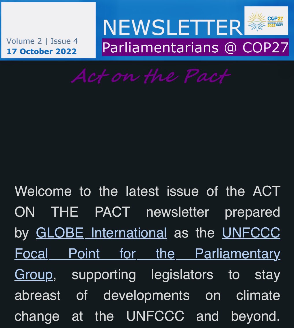 GLOBE_Nigeria's tweet photo. Hello everyone. The 4th Issue of the @unfccc Parliamentary Group Focal Point Newsletter “Parliamentarians @COP27: Act on the Pact” is out. Access it here: https://t.co/TKkLkMfVNp.

#COP27 #TogetherToImplement https://t.co/G5G4o9TEfp