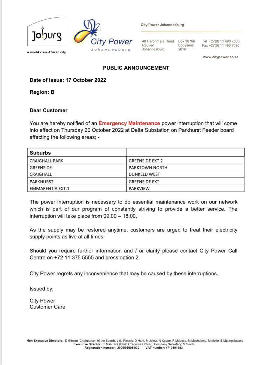 CityPowerJhb's tweet photo. #EmergencyOutage #RegionB #JoburgUpdates
Kindly be advised of the Emergency planned Power Outage taking place on the 20th of October 2022 at Parkhurst from 09:00 until 18:00.^TM https://t.co/oiJQuGEYXt