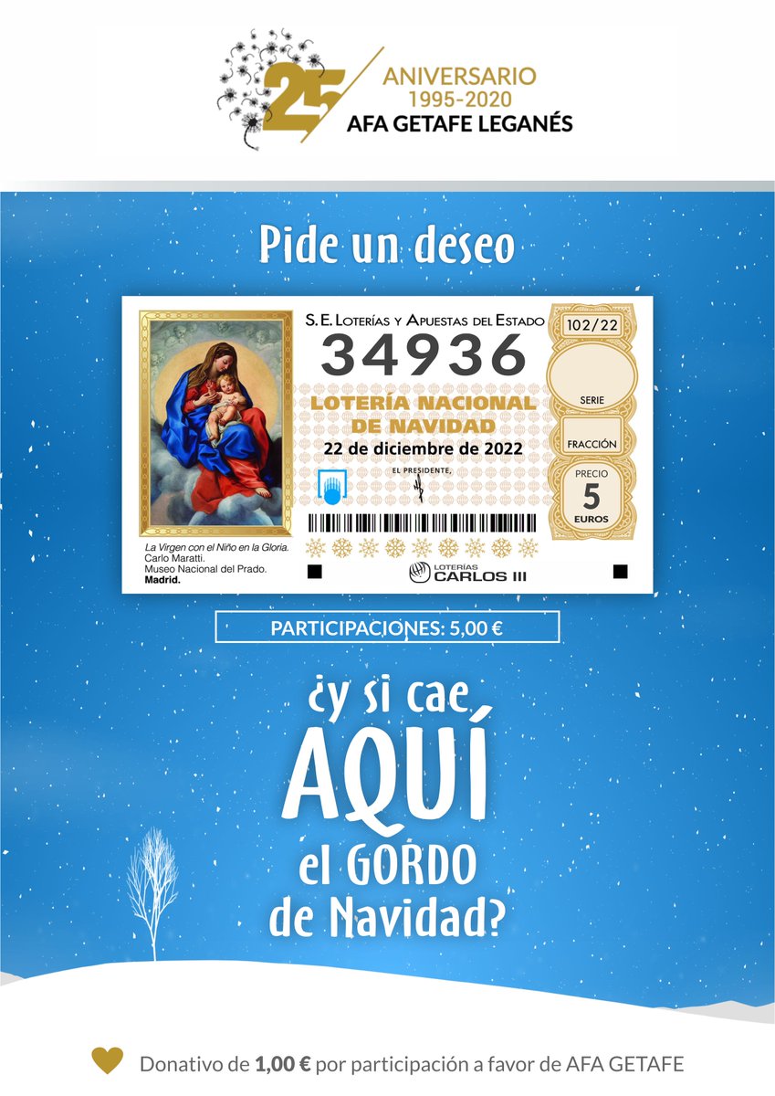 Ya tenemos la lotería disponible ¿ y si cae en AFA GETAFE LEGANÉS? Anímate, compra participaciones. Solicítalas por Whatsapp (629132414), mail (afalgetafe@afalgetafe.org) o en nuestra sede (Avd. Arcas del Agua 3 de Getafe o C/Mayorazgo 25 en Leganés)