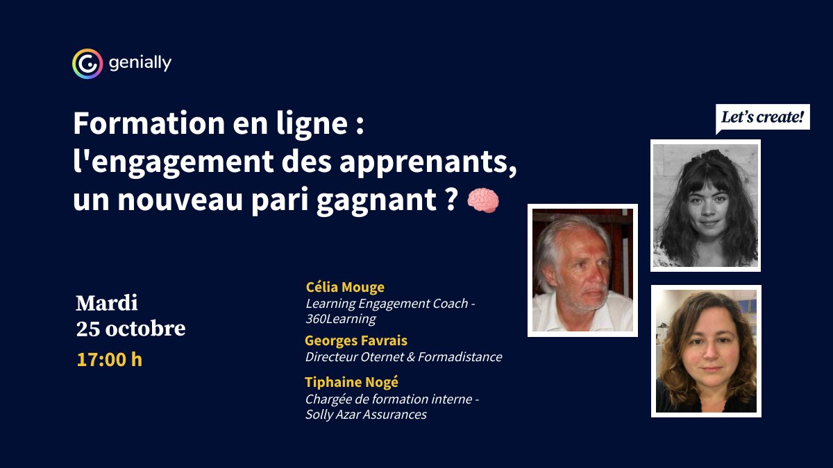 genially_fr's tweet photo. 📣Nous organisons une toute nouvelle table ronde, intitulée : Formation en ligne : l’engagement des apprenants, un nouveau pari gagnant ? 

📌Inscrivez-vous ici : https://t.co/jd2eK5Fbfw 

#Genially #webinally #formation #training https://t.co/g39sDMVf9s