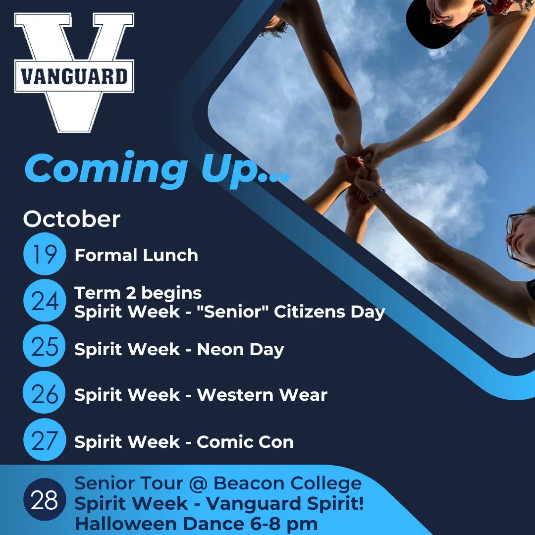Coming up at Vanguard...

This week marks our second formal lunch and the end of Term 1.  Next week welcomes our fall Spirit Week!  Get your costumes ready and show your school spirit.
#VanguardCommUNITY #LearningTogether