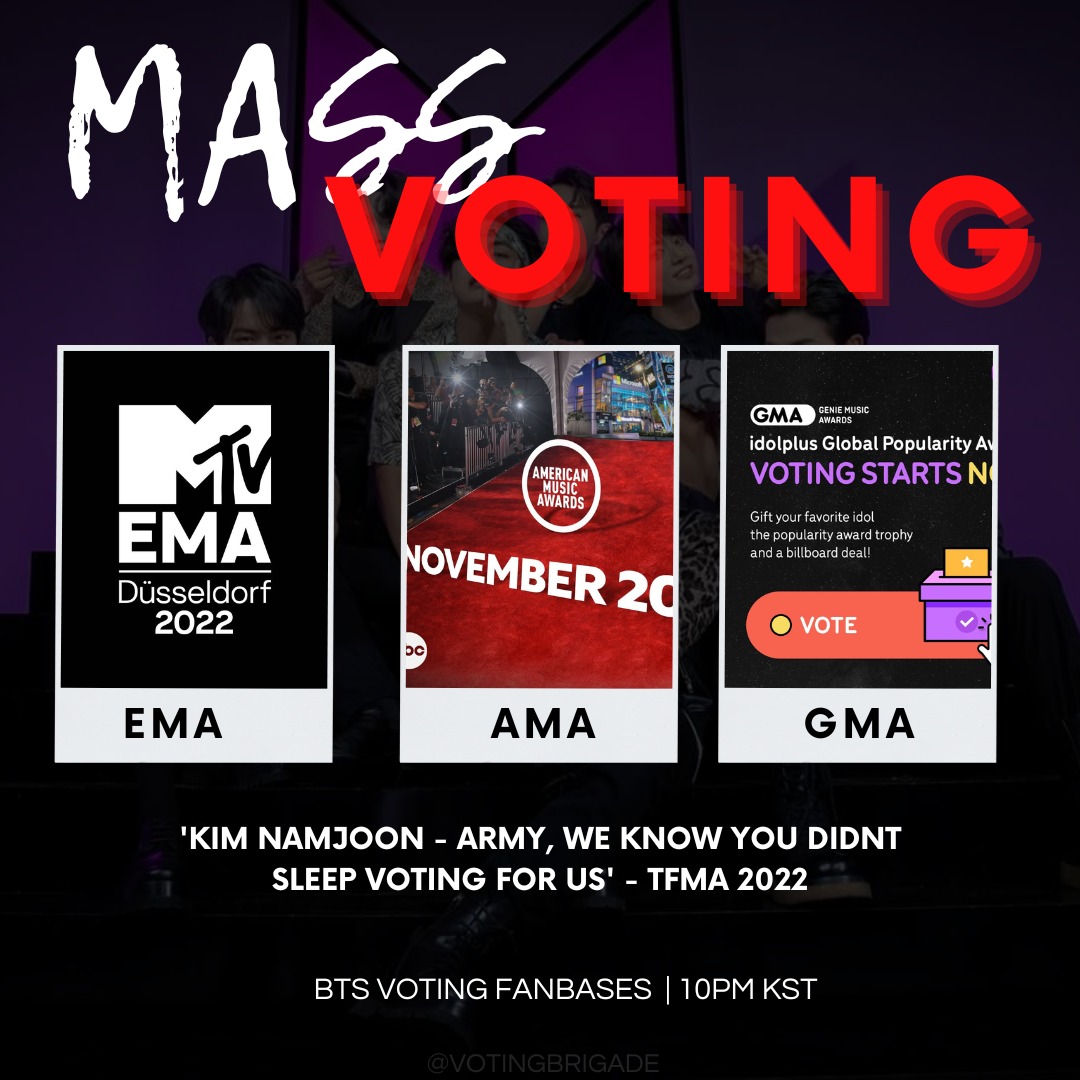 votingbrigade's tweet photo. 🚀MASS VOTING STARTS NOW🚀

Vote all your account now on GMA, MTV EMA and AMA! Let's fight and win these battles for our BTS! 

GMA
🗳️:https://t.co/8vTqanyacb…
MTV EMA
🗳️:https://t.co/tx1ezJ2VC1
AMA
🗳️:https://t.co/hhYfwToz4G

➝ SWEEP ALL AWARDS THIS YEAR 

RT TO SPREAD! https://t.co/eVwY8lCURQ