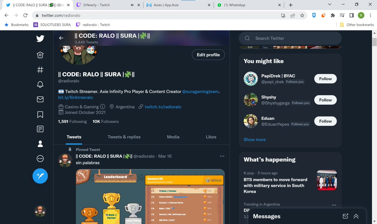 10.000 Seguidores en twitter. Una fucking locura. Se viene otro sorteo y un espacio de twitter con <a href="/AxieLima/">Lima.ron</a>  y <a href="/SrNearly/">SrNearly.ron</a> . Esta semana lo hacemos. El lunes que viene volvemos a stremear todos los días. Se vienen cosas lindas y grandes. Los quiero mucho. Gracias por el apoyo 💌💌