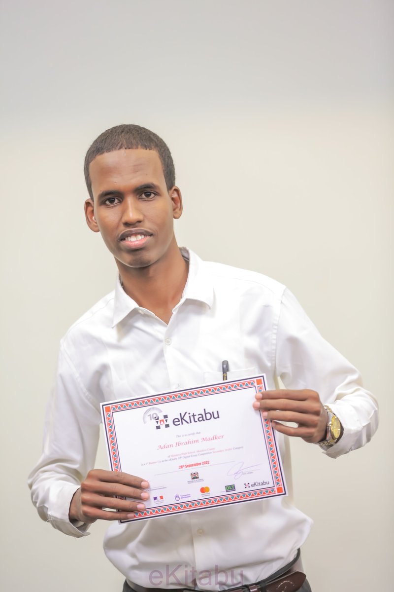 ekitabu's tweet photo. Congratulations to Adan Ibrahim Madker, Digital Essay Competition (DEC) 2022 winner in the Arabic Secondary category. Adan is a student at Mandera High School in Mandera County. #DECWinners #essaywriting https://t.co/Qag0ujXBZw https://t.co/oqdE5a4BtJ