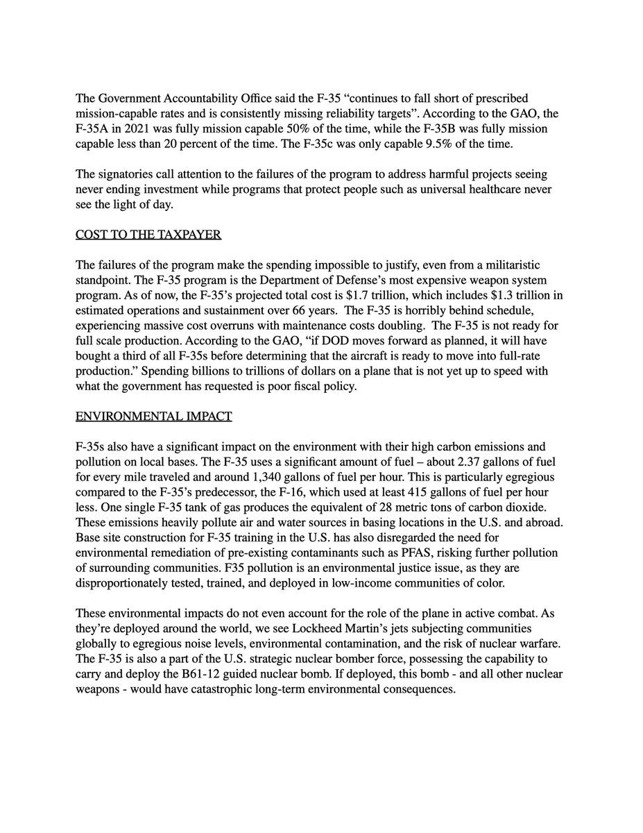 codepink's tweet photo. NEW: Citing threats to communities and ecosystems worldwide, Roger Waters, Ben Cohen, Noam Chomsky, Bill Ayers, and 220+ organizations from around the world are demanding the US cancel the F-35 program and reinvest the funds in life-affirming goods and services. #GroundTheF35 https://t.co/MBXgmOOy52