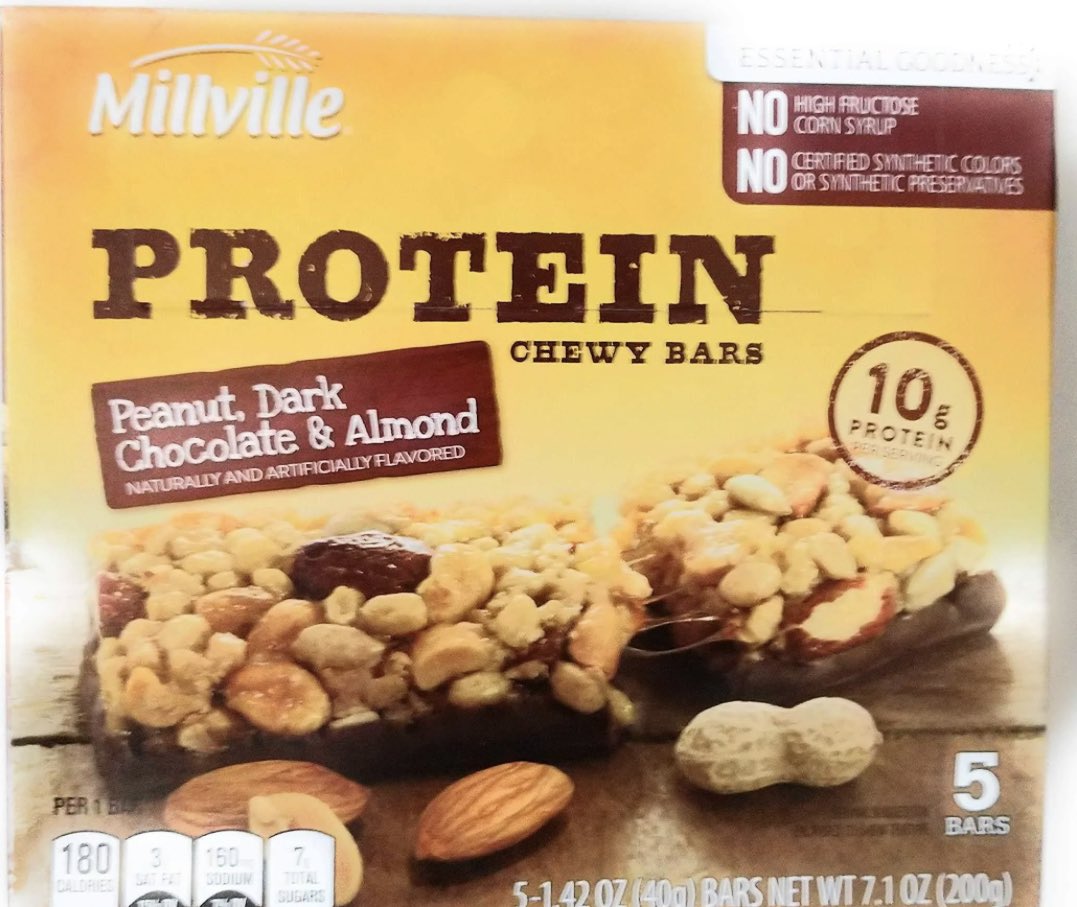 dunn_patp's tweet photo. Has @AldiUSA discontinued Millville Peanut, Dark Chocolate &amp; Almond Protein Chewy Bars? With 10g of protein, they are my absolute favorite, but I can’t find them at my local @AldiUSA stores. https://t.co/ZLmXQS4Vz5