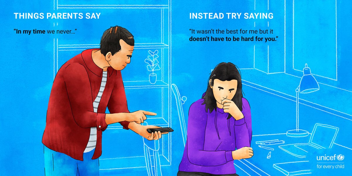 UNICEF's tweet photo. When you notice your child is struggling with their mental health, it might be difficult to find the right words. 

Here are some of the common phrases young people have heard from their parents and what they want them to say instead. 

#OnMyMind https://t.co/phUnSjyg7d