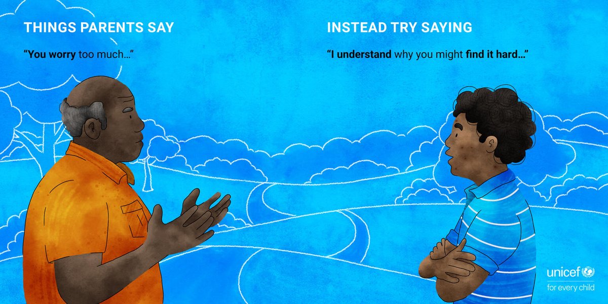 UNICEF's tweet photo. When you notice your child is struggling with their mental health, it might be difficult to find the right words. 

Here are some of the common phrases young people have heard from their parents and what they want them to say instead. 

#OnMyMind https://t.co/phUnSjyg7d