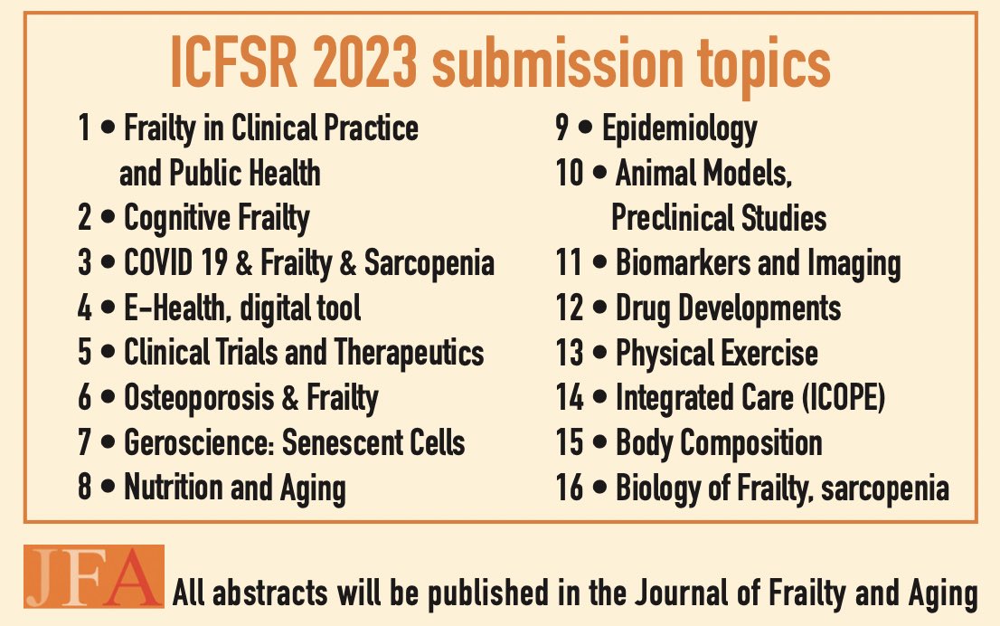 ICFSRcongress's tweet photo. #ICFSR (International Conference on Frailty and Sarcopenia Research)
#Frailty and #Sarcopenia Research
Call for abstracts:
Symposium/Oral communication/Poster Submission deadline:
December 6, 2022
https://t.co/RTxAHIdhdK https://t.co/NWg9RIjprD