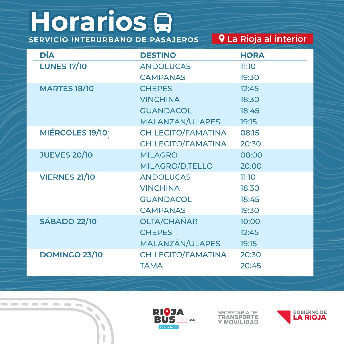rbinterurbano's tweet photo. ⚠ ATENCIÓN ⚠

Horarios del servicio desde el lunes 17 de octubre al domingo 23 de octubre 🚍

Ante cualquier consulta comunícate al 3804 913285 / 3804939037 ☎️

👉🏻Recordá que no se realizan reservas de boletos https://t.co/HrpIqU8k5s