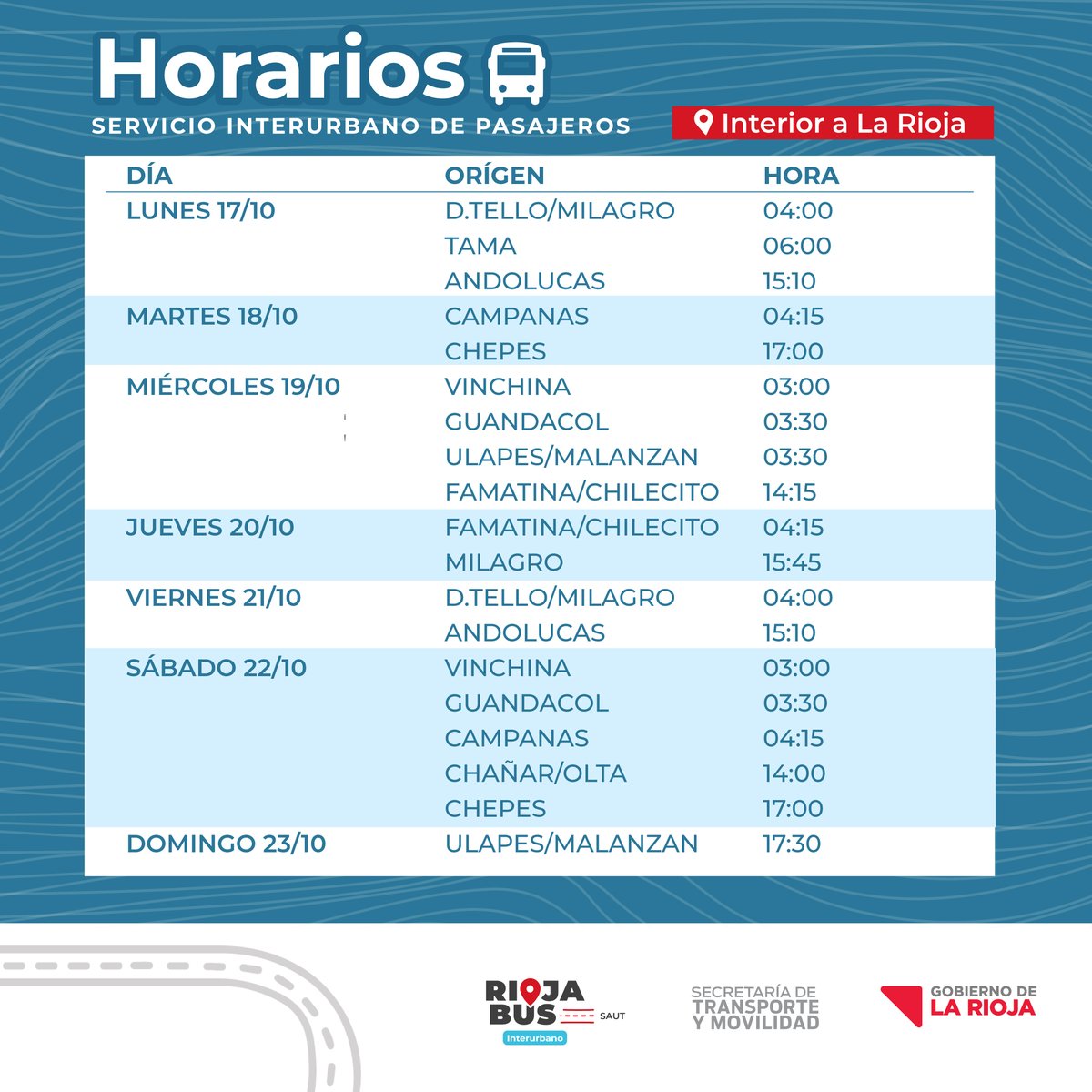 rbinterurbano's tweet photo. ⚠ ATENCIÓN ⚠

Horarios del servicio desde el lunes 17 de octubre al domingo 23 de octubre 🚍

Ante cualquier consulta comunícate al 3804 913285 / 3804939037 ☎️

👉🏻Recordá que no se realizan reservas de boletos https://t.co/HrpIqU8k5s