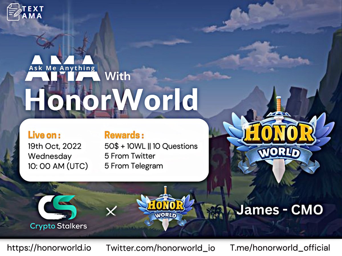 📢 We're thrilled to announce our next AMA with @honorworld_io on 19th Oct 10:00 AM UTC 💰 Reward :50$ + 10 WL 📍 Venue: t.me/thecryptostalk… 〽️ Rules: ✅ Follow @StalkersCrypto & @honorworld_io ✅LK & RT ✅Comment Questions & Tag 3 Friends with BEP20 address