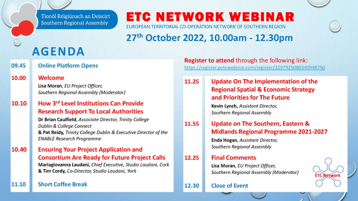SouthernAssembl's tweet photo. A slight change in running order of the agenda for the next ETC Network webinar on Oct 27th 10am-12.30pm but still the same great line up Speakers include Mariagiovanna Laudani @brian_caulfield @ReidyPa Kevin Lynch & Enda Hogan
Full details: https://t.co/E22MKVboP3
#ETCNetwork https://t.co/XpqeVwoM3Z
