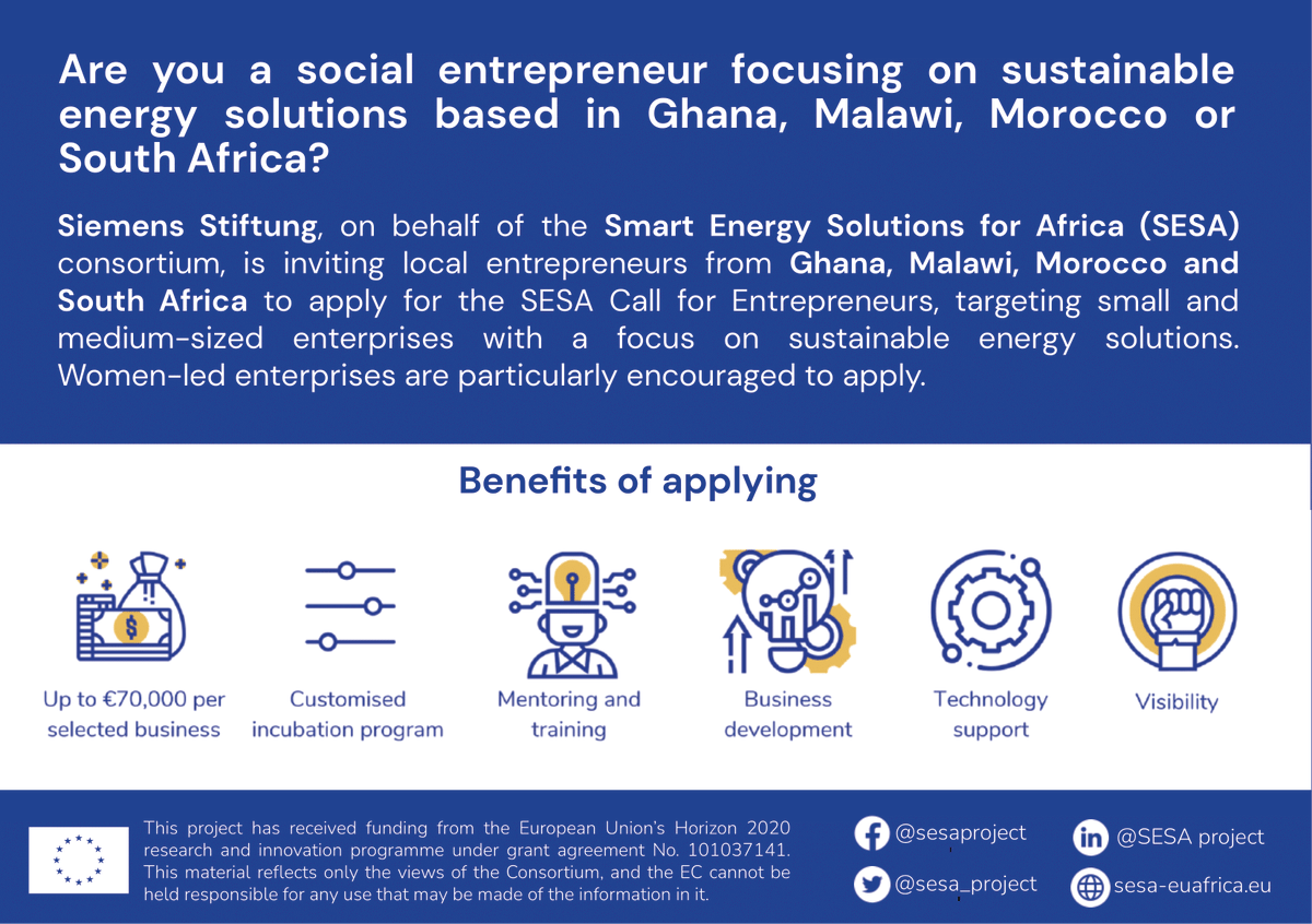 sesa_project's tweet photo. 📢 Calling local  entrepreneurs  from  Ghana,  Malawi,  Morocco  &amp;  South  Africa!  

Apply now to the Call  for  Entrepreneurs,  targeting  small  and  medium-sized   enterprises   with   a   focus   on  #sustainable #energy   solutions.

Learn more 👉 https://t.co/g40lzTet7q https://t.co/IOCMUbU15Q
