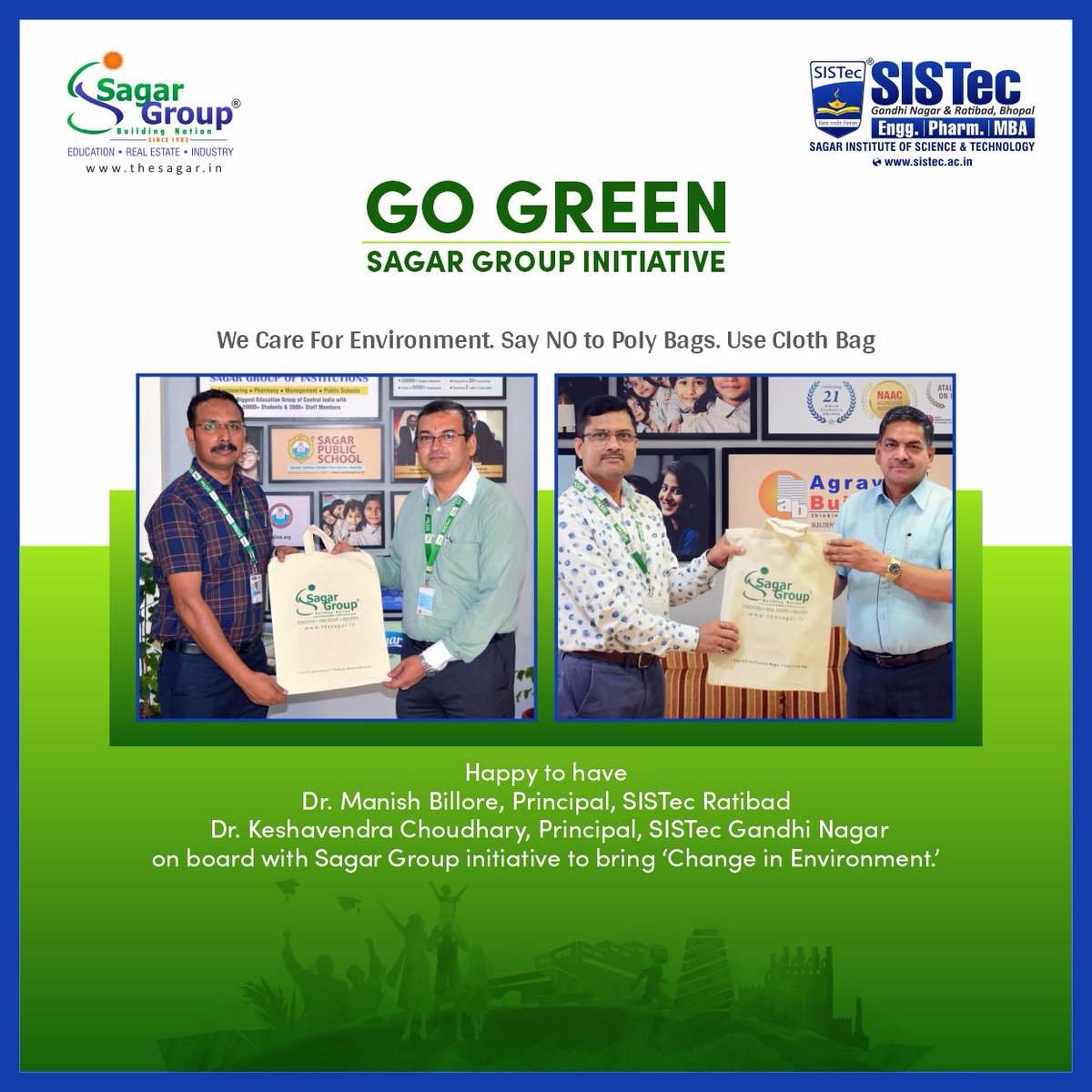 SagarCollege's tweet photo. With the pledge to create eco-friendly India, Sagar Group initiated a campaign #SagarGoesGreen by distributing cloth Bags to its employees and the initiative starts with the Principals' of both the campuses 

#GoGreen #EcoFriendlyIndia #SaveEarth #Savetheplanet #GreenEarth https://t.co/089Aej5xqS
