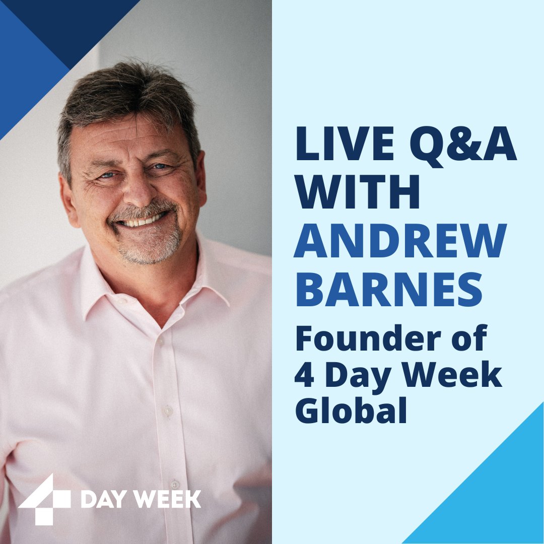 Join us at 1pm PDT/4pm EDT on October 17th for a live Q&A with our founder @andrewhbarnes where he will be answering questions about the #4DayWeek and his new LinkedIn Learning course, 'Designing a Four Day Work Week' Click here to join ➡️ bit.ly/3S69EiA