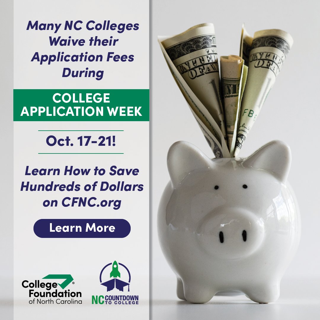 College Application Week has begun!
Use the College Search Tool to find the schools offering FREE applications on CFNC.org Oct. 17–21. Get started: bit.ly/3oeH5Ty

#CFNC #NCCountdownToCollege #CollegeSearch