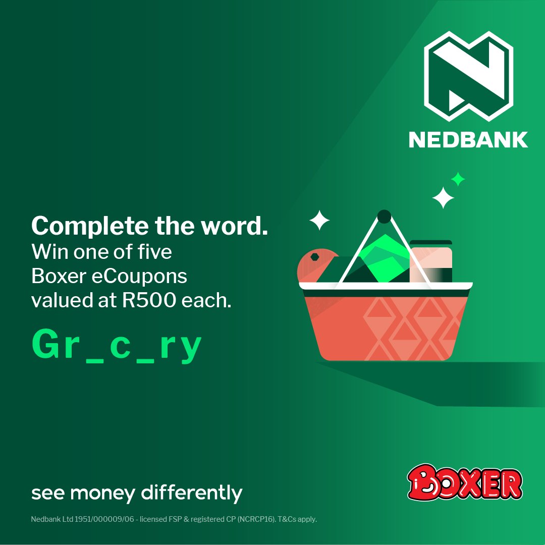 Nedbank's tweet photo. Send and receive cash fast @BoxerStores with Nedbank Money Transfer. 
Complete the word, and we could be sending you money fast-fast. 
RT and reply to this Tweet with your answer and #NedbankMoneyTransfer and you could win one of five Boxer eCoupons valued at R500 every week! https://t.co/E3dUDVYhDF