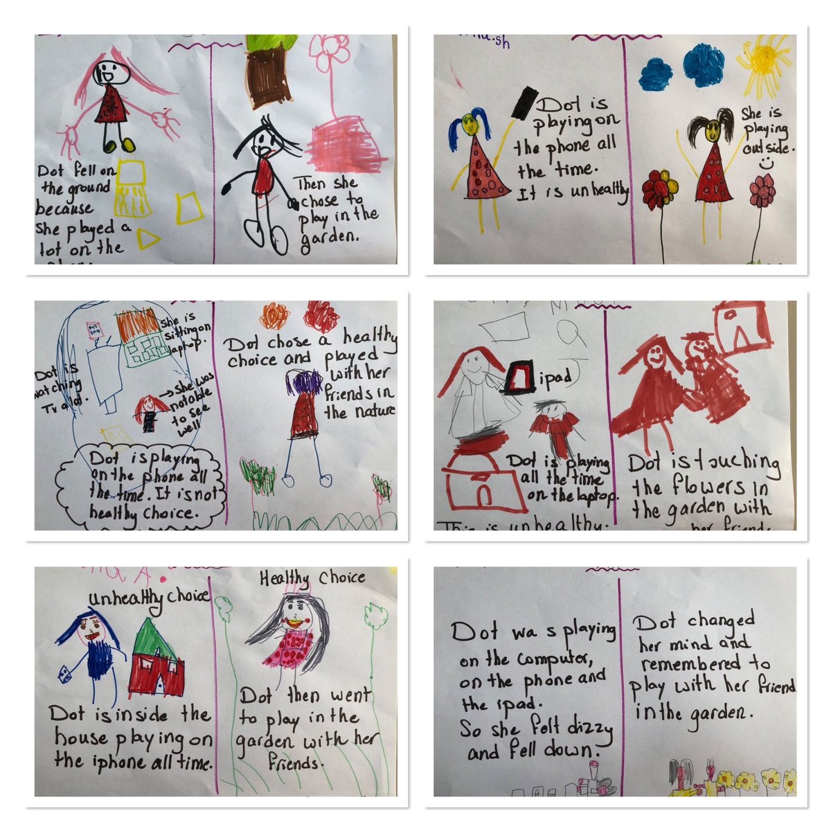 Darineyassine's tweet photo. After listening to Story”Dot”,KG3C learners drew how Dot used to spend time on electronic devices &amp;then shifted to healthy choices instead like playing with friends in nature  #Reflection #listening #StoryTime @Hhhsinfo @TawilNoor @sashgh @tbaassiri @reem_lutfi @FatimaJ38929658 https://t.co/y1c51W9hx7