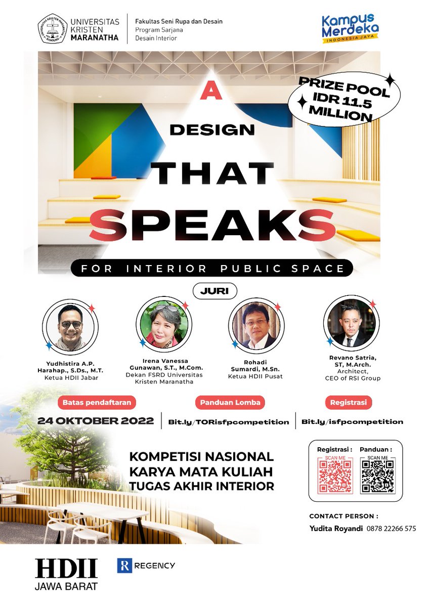 hdiijabar's tweet photo. A DESIGN THAT SPEAKS FOR INTERIOR PUBLIC SPACE
.
Program Studi Desain Interior UK. Maranatha mengajak para mahasiswa desain interior dari seluruh Indonesia untuk ikut berpartisipasi dalam Kompetisi Nasional Karya Tugas Akhir Interior. 
. https://t.co/MkZqZqaM8a