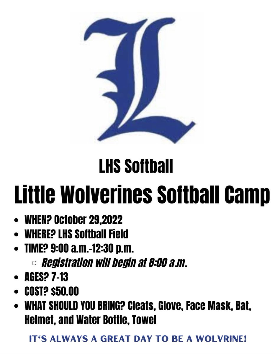 LaVergne High Softball (@ladywolverines_) on Twitter photo 💥CAMP ALERT💥 Come out and support your LHS Softball Program as we host our very 1st Annual Fall Camp on Oct. 29th!
📍LaVergne High School Softball Field. ⏰9:00 a.m. - 12:30 p.m.
<a href="/LHSintheNews/">LaVergne High School</a> 💥CAMP ALERT💥 Come out and support your LHS Softball Program as we host our very 1st Annual Fall Camp on Oct. 29th!
📍LaVergne High School Softball Field. ⏰9:00 a.m. - 12:30 p.m.
<a href="/LHSintheNews/">LaVergne High School</a>